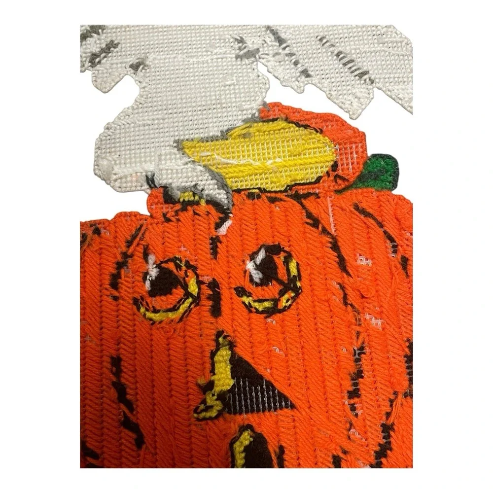 VTG 80's Halloween Handmade Cross Stitch Pumpkin Ghost Decor Large 18